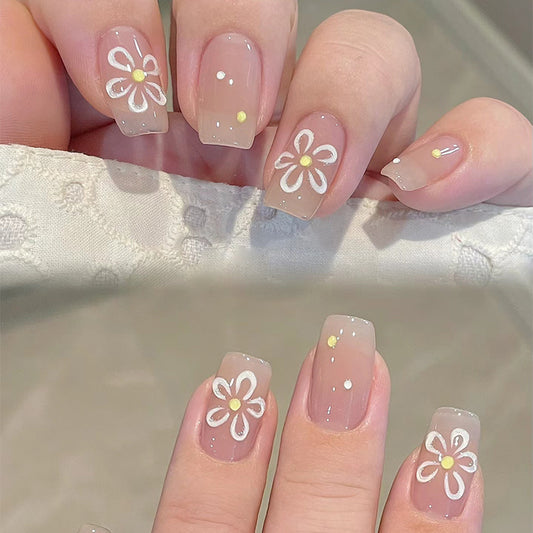 Wearable Flower Short Square Nail Stickers 24 Pieces