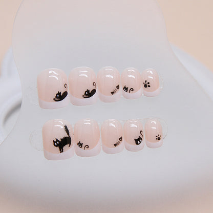 Cartoon Black Cat Short Square French Nail Stickers 24 Pieces