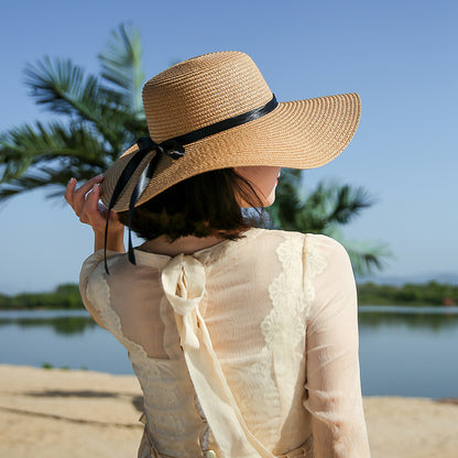 Sombrero de paja para playa, ala ancha, protección UV, plegable, con lazo 