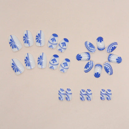 Oval Chinese Style Blue and White Porcelain Nails