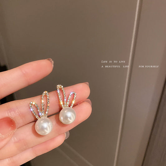 Pearl Diamond Rabbit Ear Stud Earrings