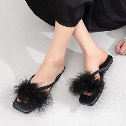 Real rabbit fur flat-bottomed slippers