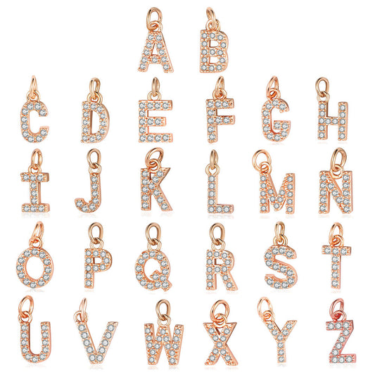 26 rose gold English letter copper zircon pendants.