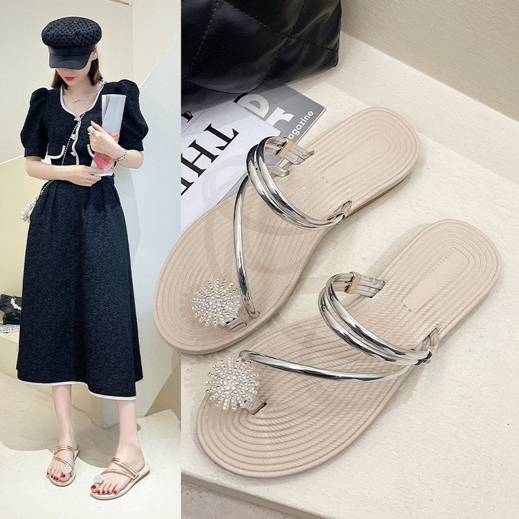 Beach Sandals Rhinestone Flat Slippers