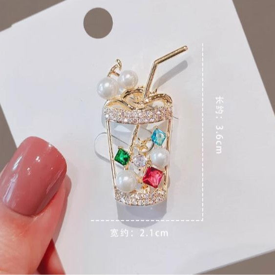 Flash diamond milk tea cup brooch