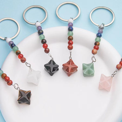 Colorful natural crystal Merkaba star pendant stainless steel keychain