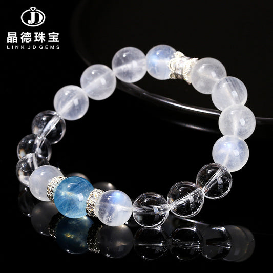 7A Natural White Crystal Blue Moonstone Round Bead Bracelet