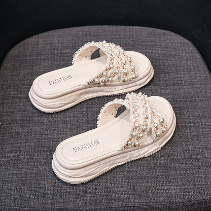 Cross pearl platform slippers