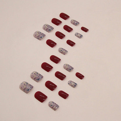 Vintage Burgundy Glitter Short Square Fake Nails