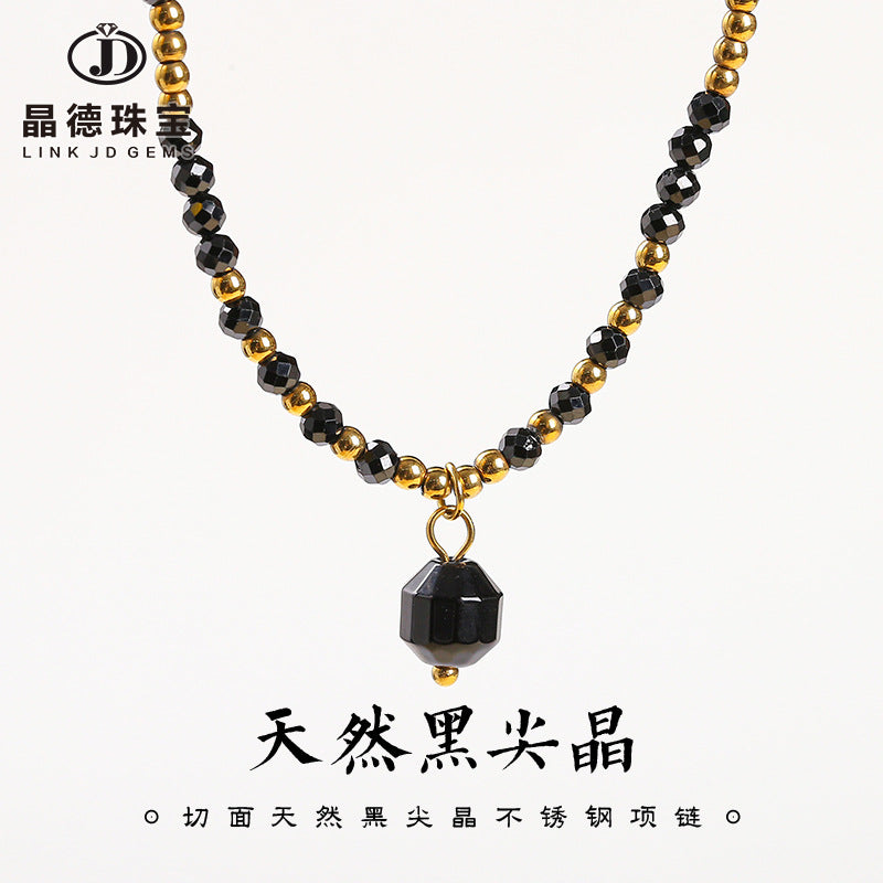 Cut Natural Black Spinel Necklace Stainless Steel Beads