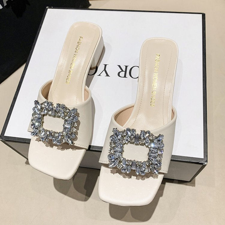 New large-size rhinestone thick-heeled cool slippers