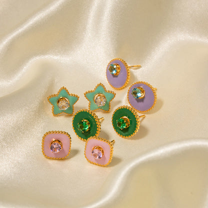 Green five-pointed star white zircon earrings