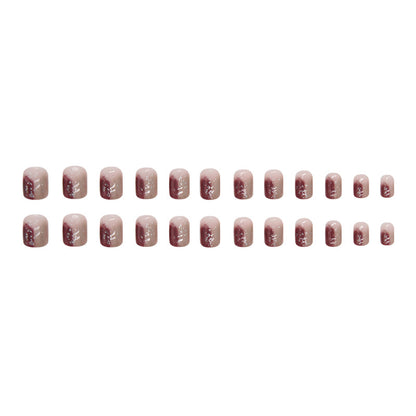 Short Red-Brown Ombre Square Fake Nails