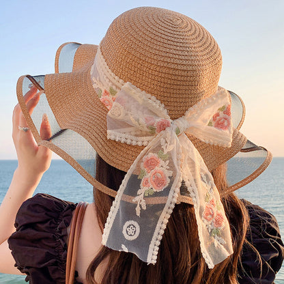 Influencer Ribbon Lace Sun Hat Summer Wide-Brim Straw Hat