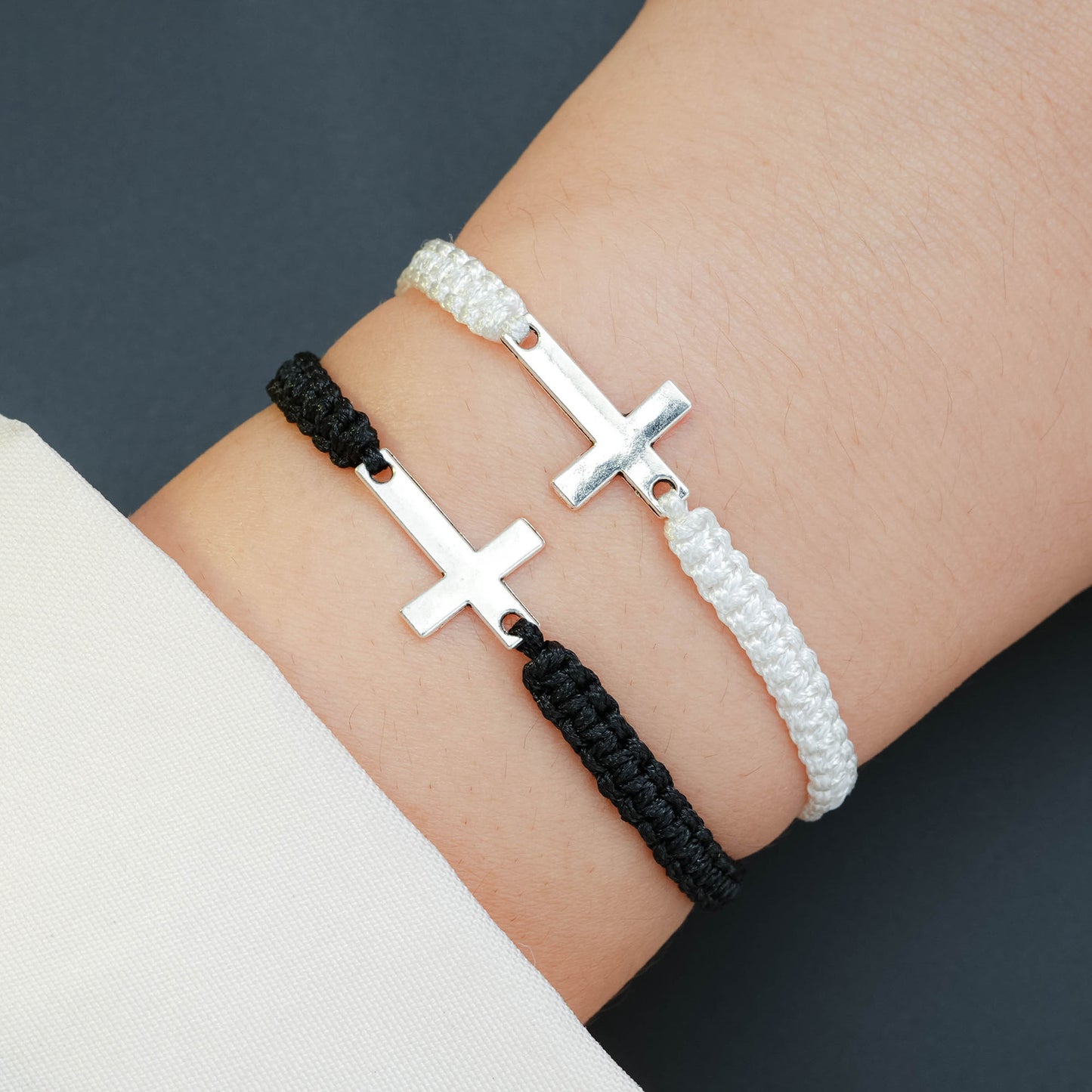 Braided Cross Bracelet Black and White Set