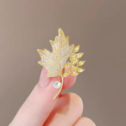 Yellow Crystal Maple Leaf Brooch