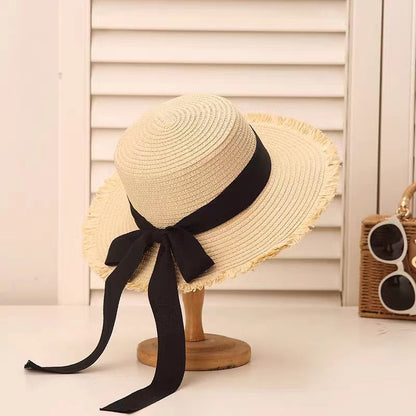 Trend Bow Straw Hat Women Summer Woven Flat Brim Vacation Sun