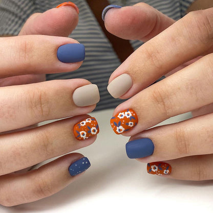 Short Brown-Blue Floral Square Fake Nails