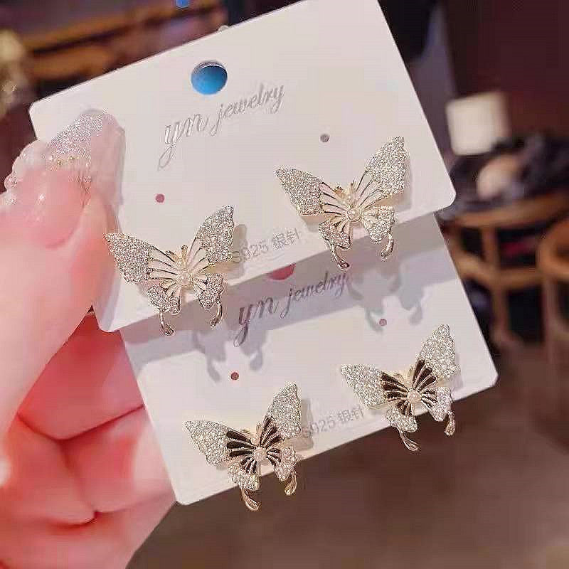 S925 Silver Needle Miniature Zircon Butterfly Earrings