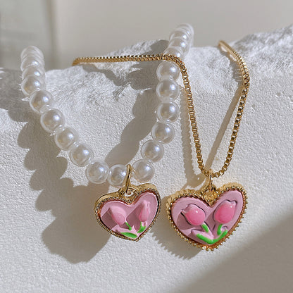 Double Tulip Heart Pendant Necklace