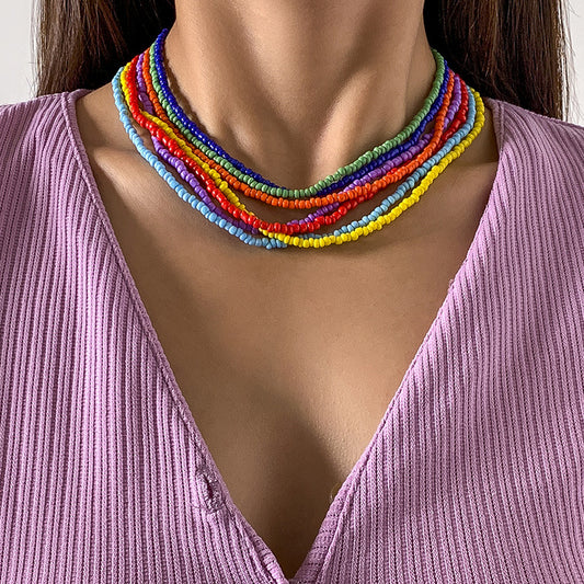 Colorful hand-woven round bead chain necklace