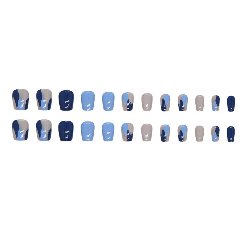 Short Deep Blue Contrast T-Shape Fake Nails