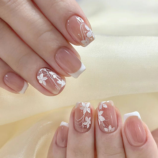 Minimalist Short T White Flower Nail Stickers