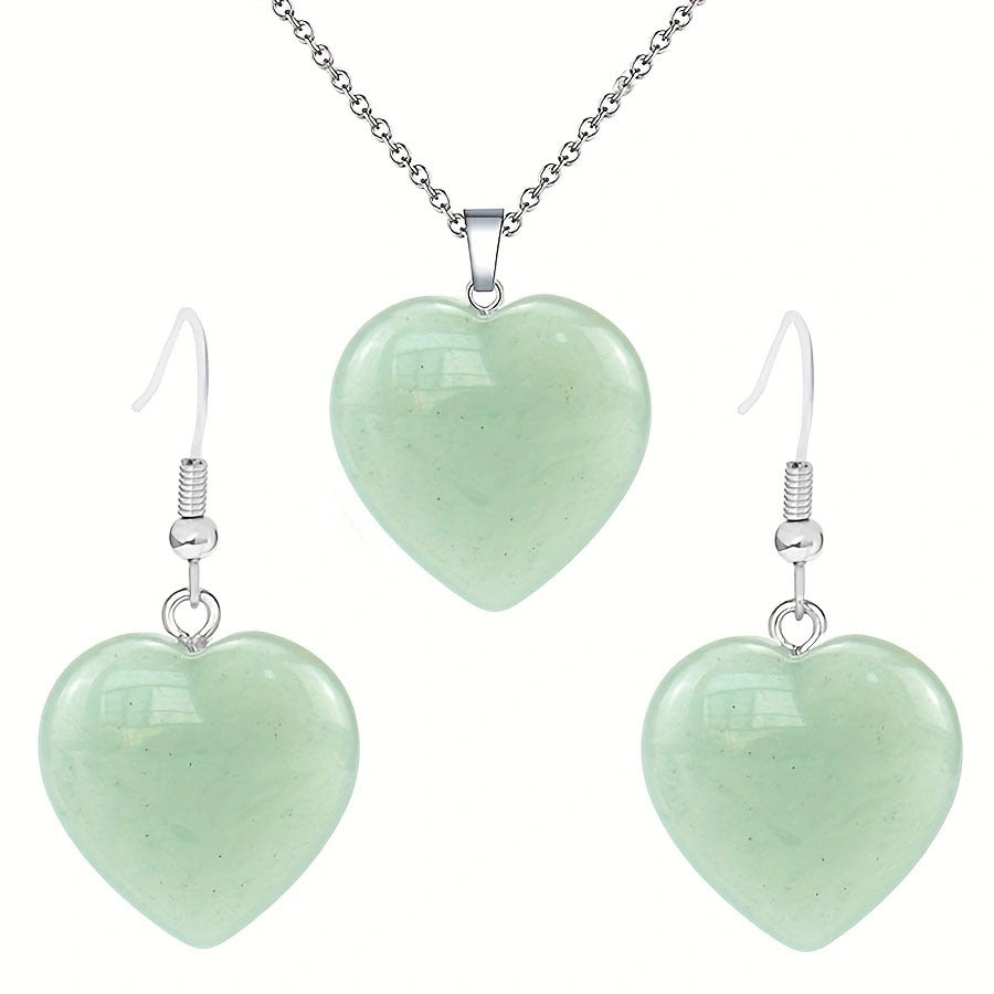 Natural Stone Heart Stainless Steel Necklace Earring Set