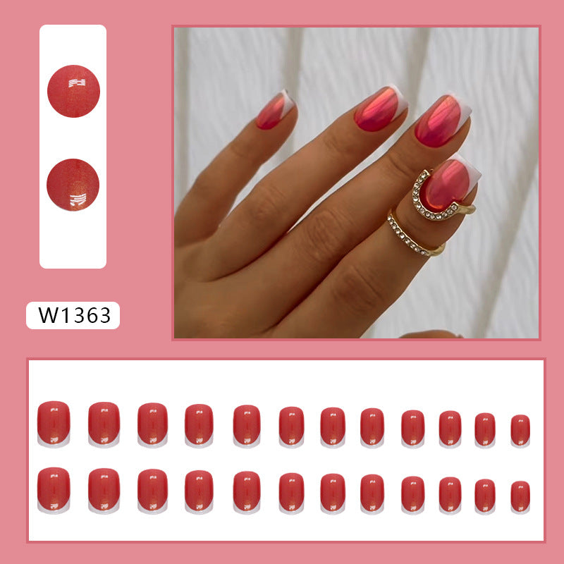 Short Red and White Aurora French Fake Nails