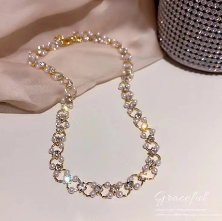 French Pearl Zircon Short Woven Necklace