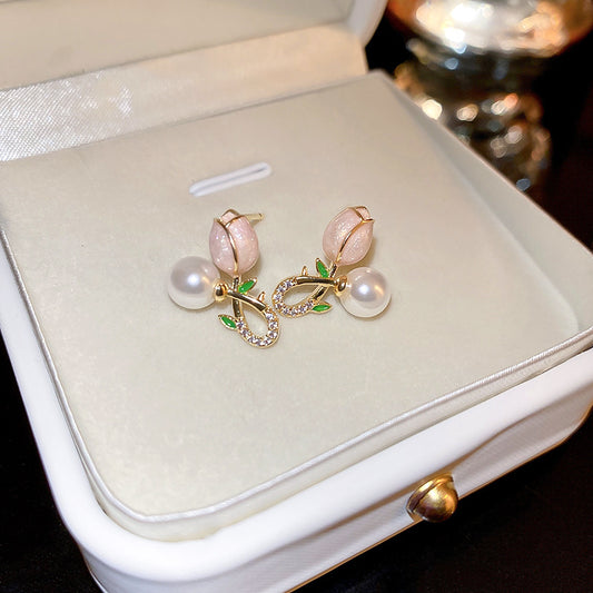 Electroplated Silver Needle Pearl Tulip Flower Earrings