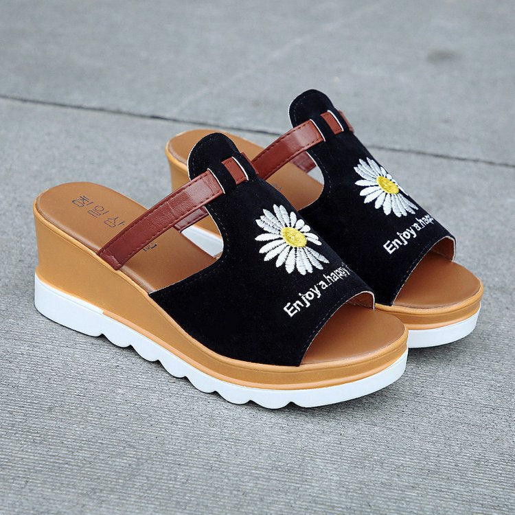 Wedge heel muffin bottom chrysanthemum slippers