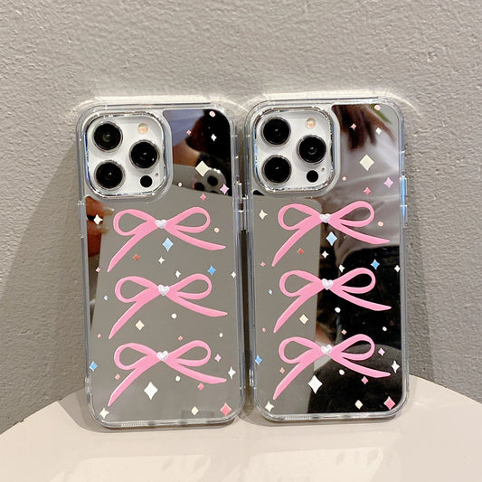 Acrylic Mirror Case iPhone15 Pro XR 12 Pink Bow Shockproof Cover