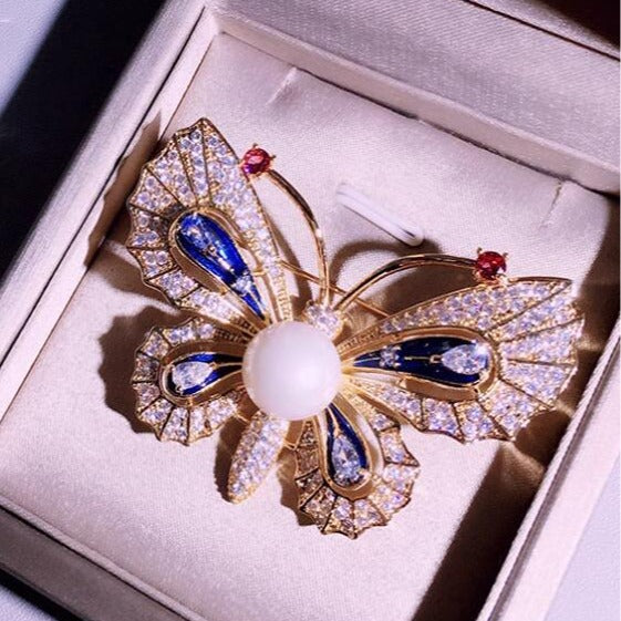 Pearl Enamel Painted Butterfly Brooch