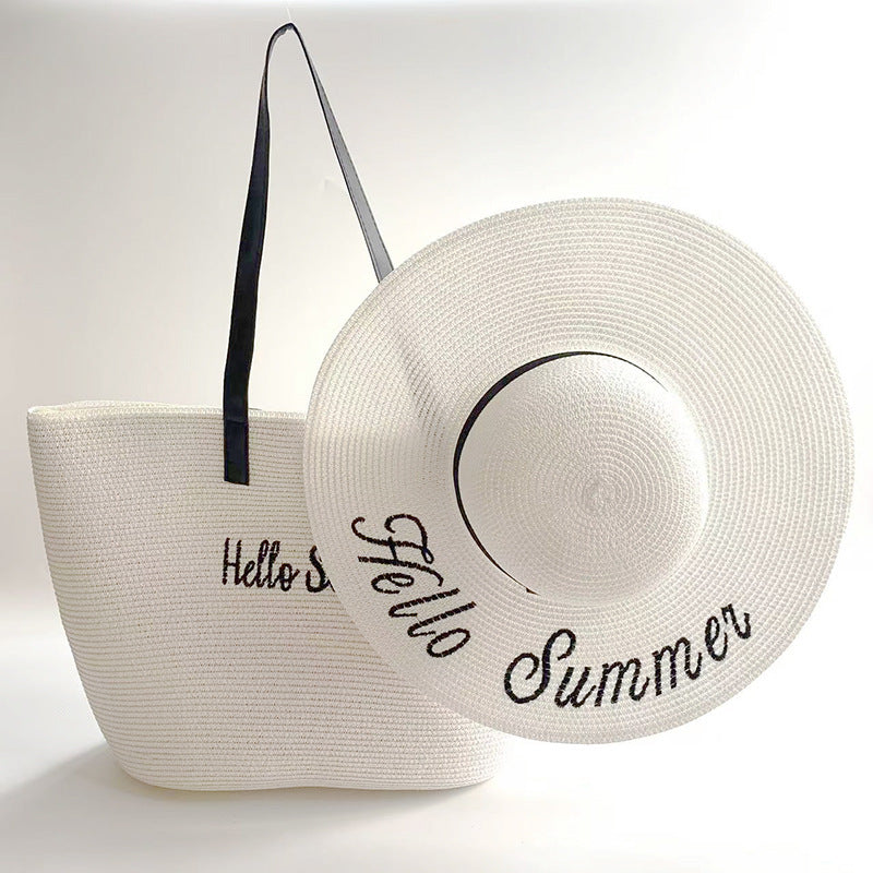 New Straw Hat Beach Bag Set Embroidery Letters Vacation Fashion Wide Brim UV