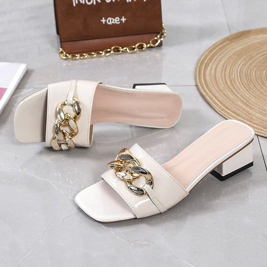 Metal buckle high-heeled slippers