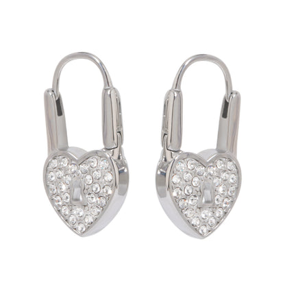 Heart lock shaped rhinestone titanium steel earrings