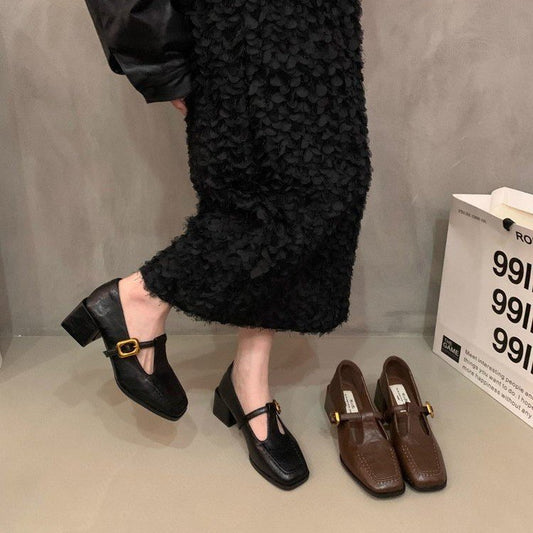 Casual one-word buckle thick-heeled small leather shoes