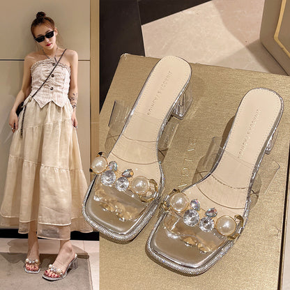 French rhinestone clear crystal heel sandals