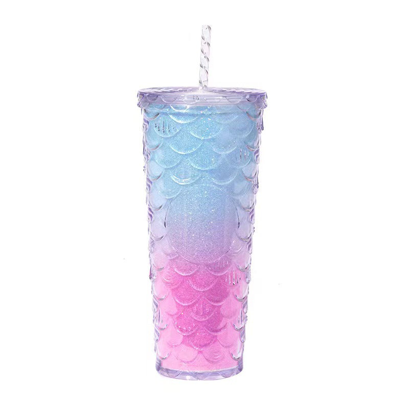 Scaled Pattern Large Capacity Double-Layer Plastic Straw Bottle