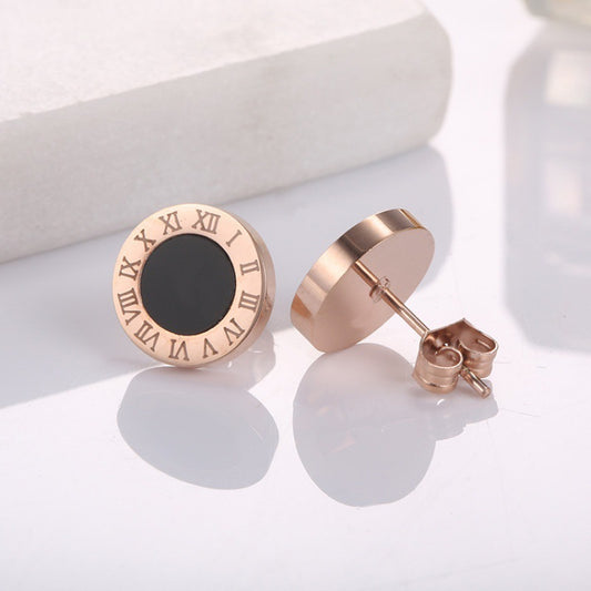 Round black Roman numerals stud earrings