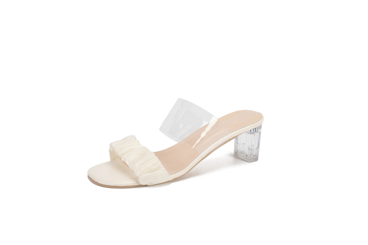 Sheer block heel, straight square-toe crepe slippers