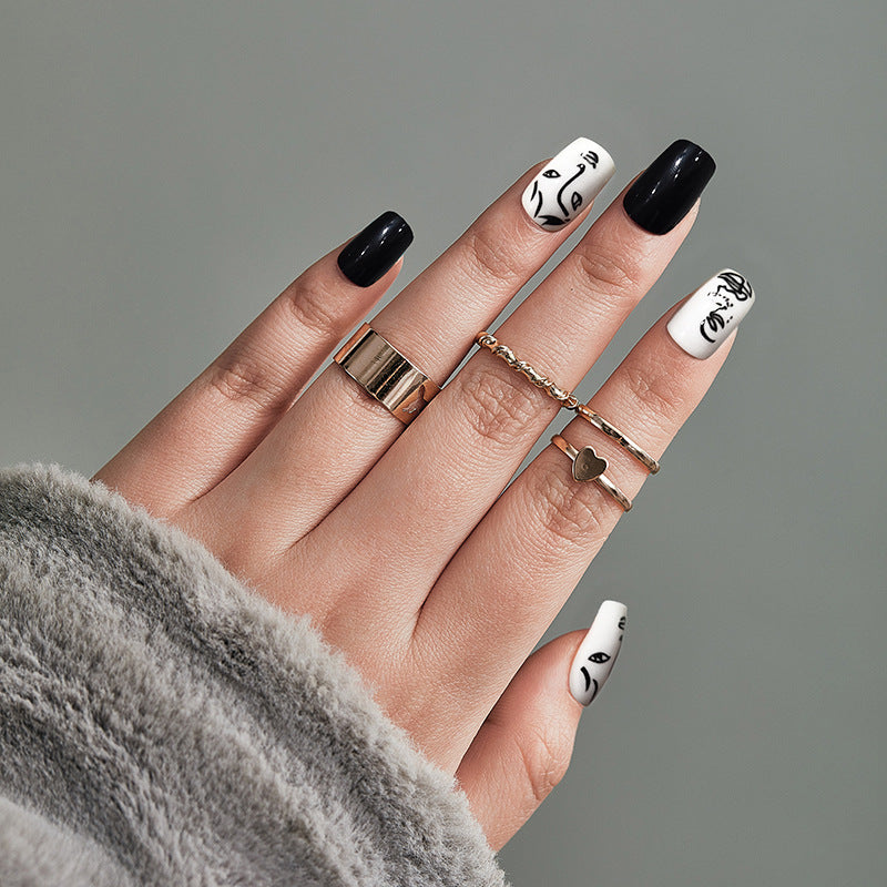 Black and White Striped Fake Nails