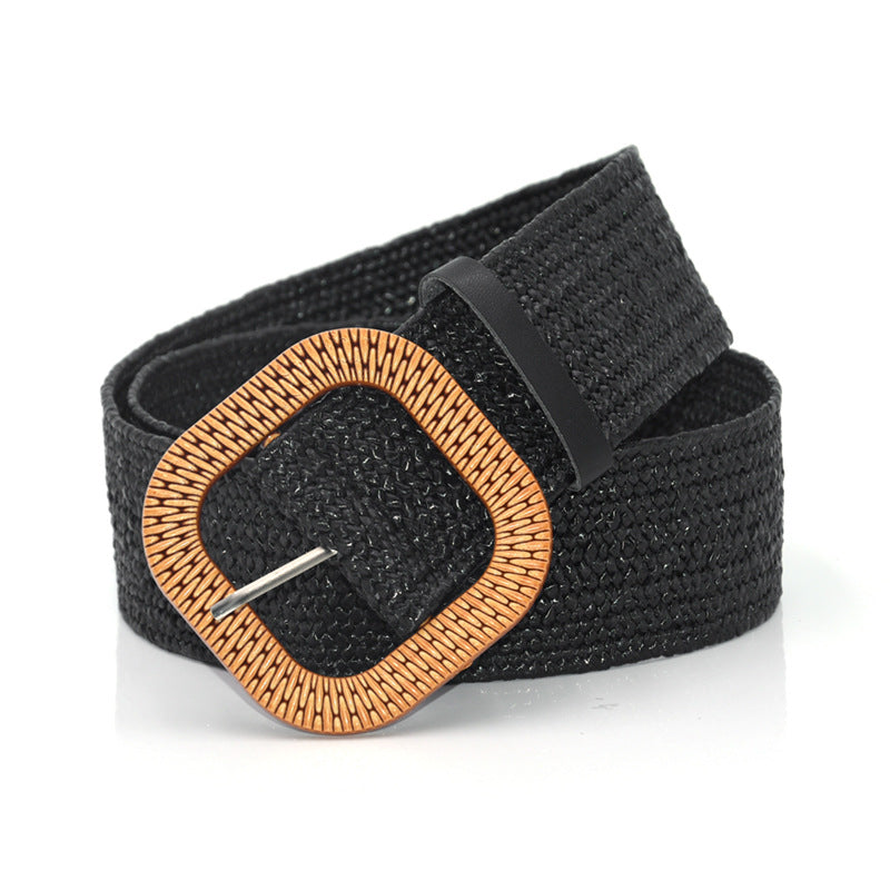 Woven belt Wood-colored square buckle belt