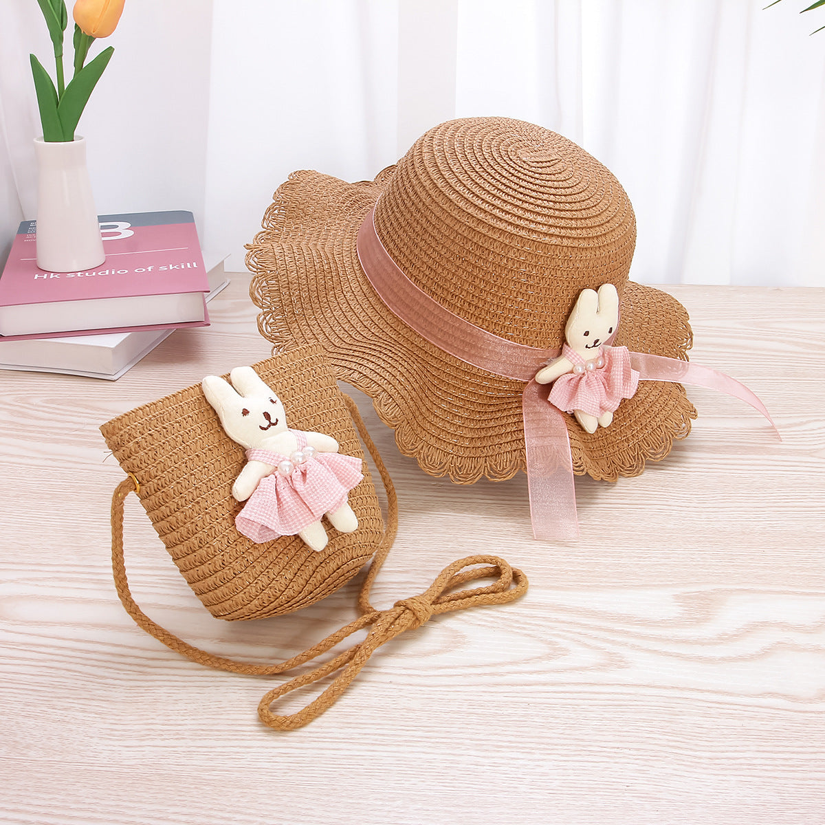 Conjunto de sombrero y bolso con lazo de encaje de paja para niños 