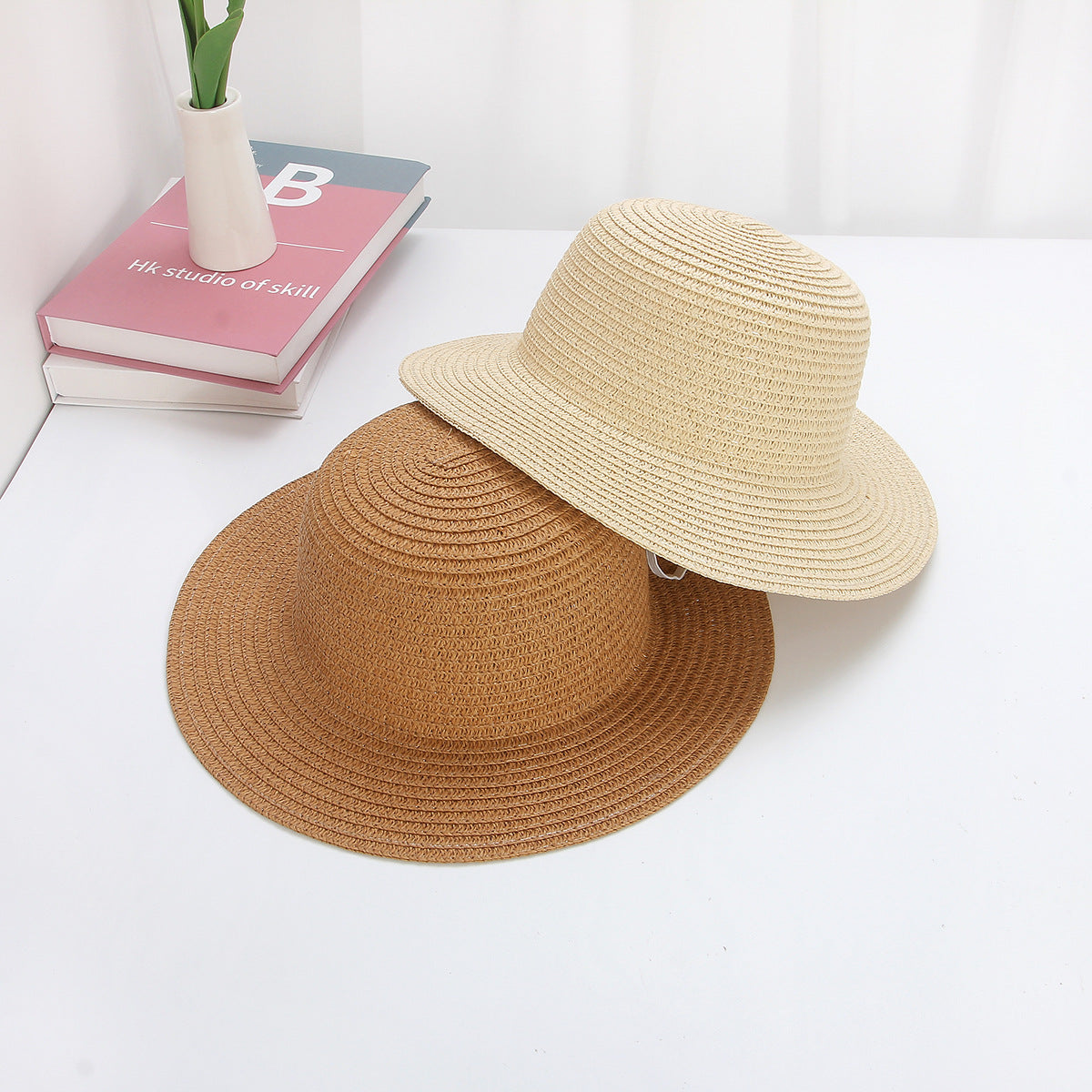 Sombrero de paja de ala plana para niños de 29 cm para verano 