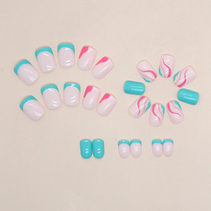 Short Pink and Green Wavy French Fake Nails