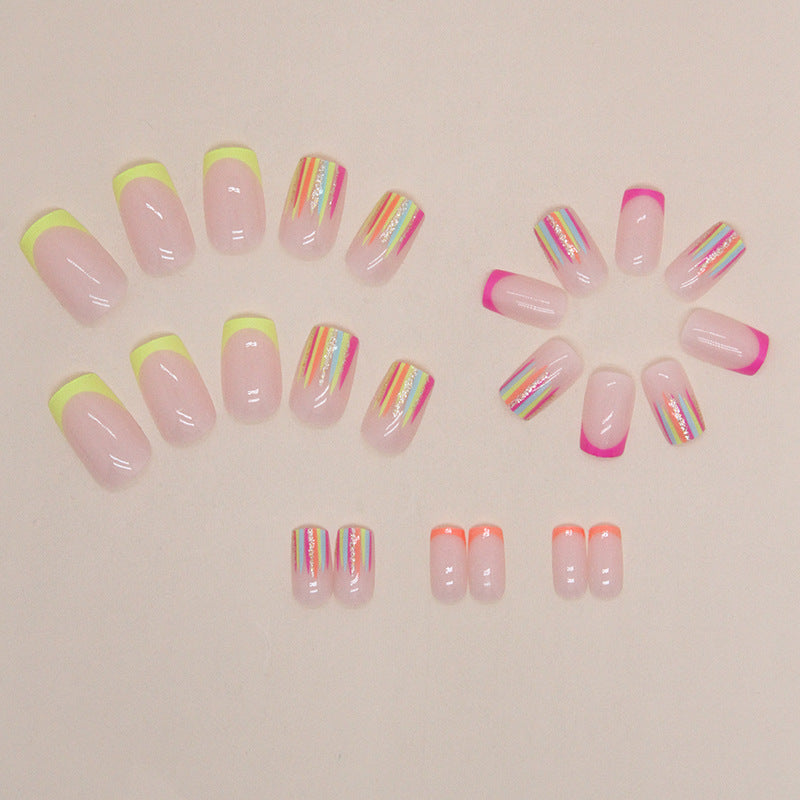 Medium-Length Rainbow Striped French Fake Nails