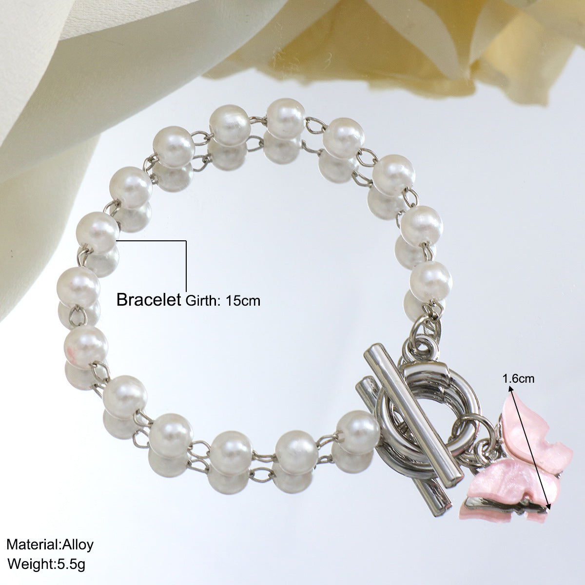 Pink Butterfly Pendant Pearl Bracelet