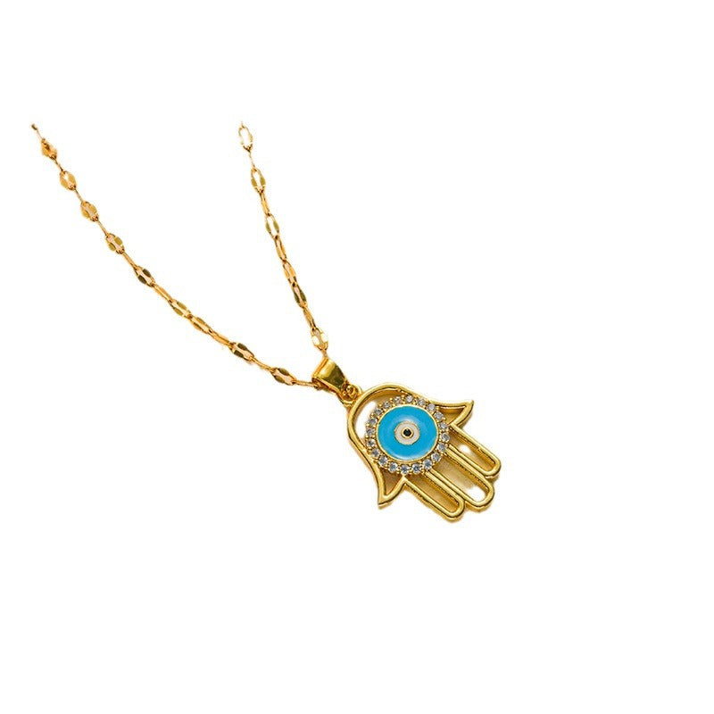 Titanium Gold-Plated Fatima Lucky Palm & Evil Eye Pendant - European Style